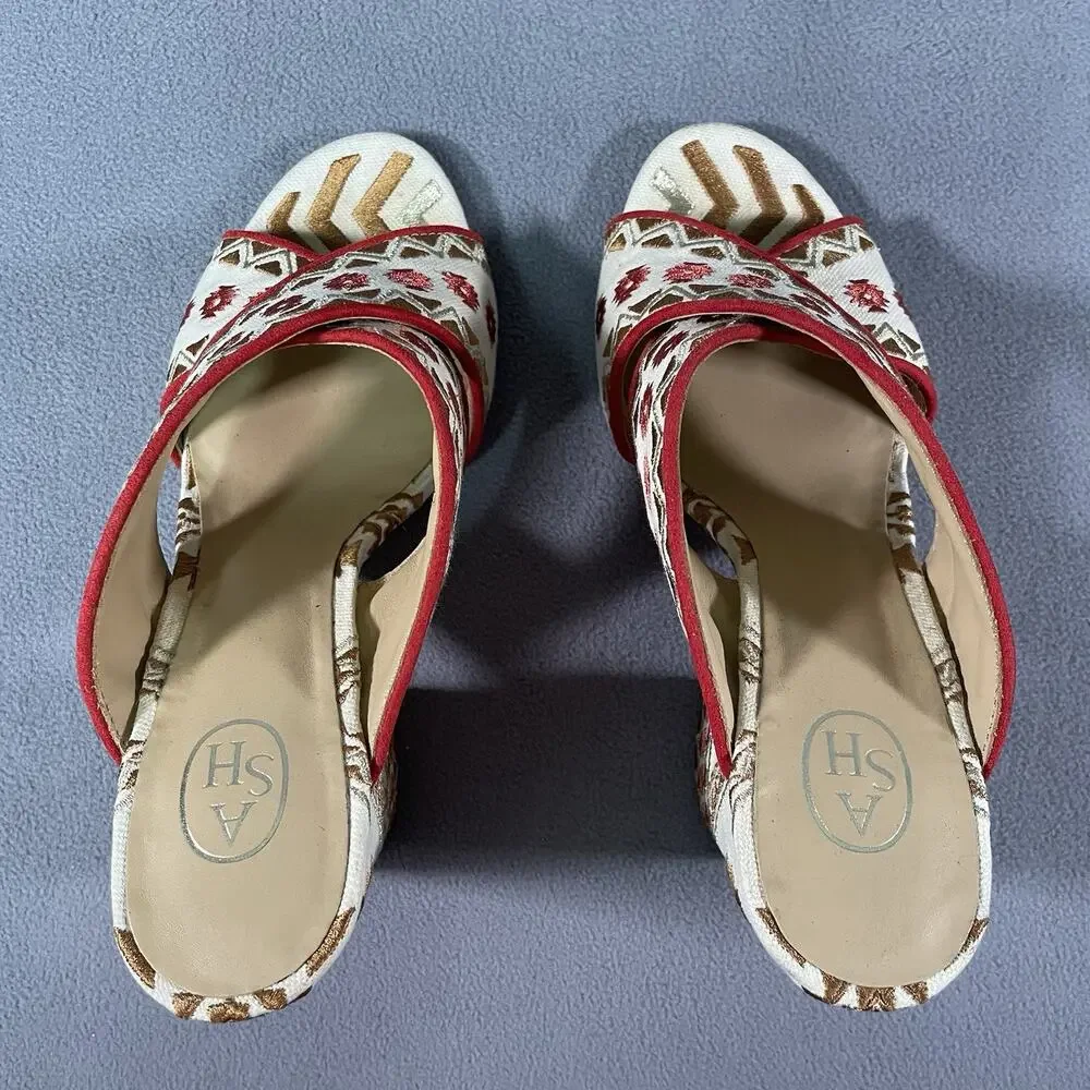 ASH Adel Heels Multicolor Womens EU 38 Block Heel Slide Sandals Embroidered Boho